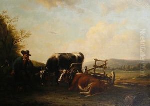 A Farmer With Oxen Resting Beside A Cart