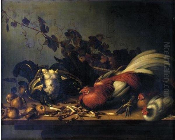 A Still Life Of A Cockerel And Chicks On A Ledge Surrounded By Asparagus, Cauliflower And Pears, A Basket Of Mixed Fruit Behind - view 1