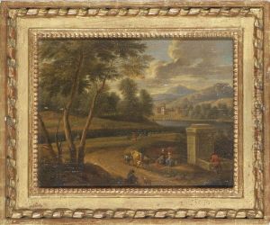 An Extensive River Landscape With Travellers Resting By A Fountain by Cornelis Huysmans