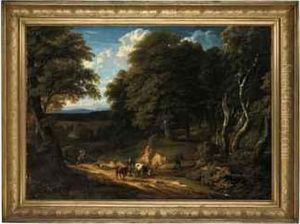 A Wooded Landscape With Figures And Cattle On A Track by Cornelis Huysmans