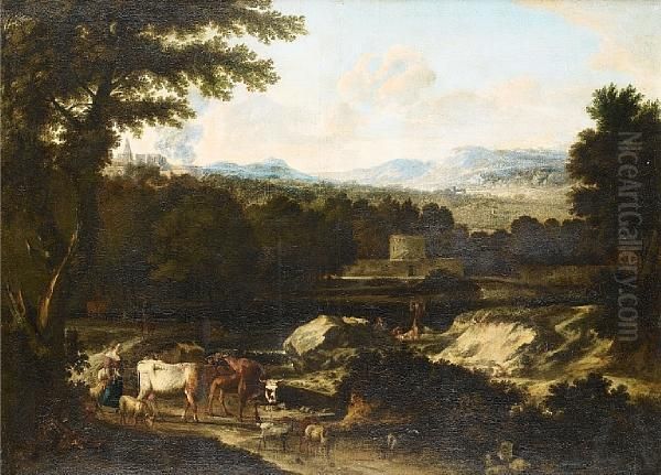 Drovers And Their Cattle In An Italianatelandscape With A Fortification In The Distance - view 1
