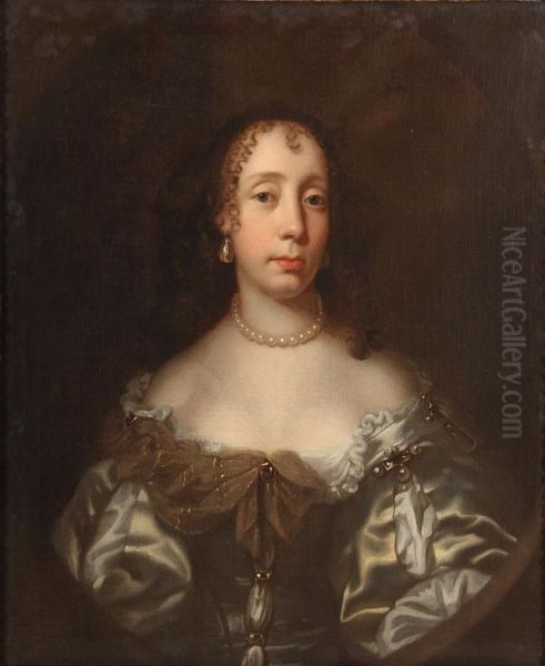 Portrait Of Catherine Braganza Wearing A Satin Dress, Pearl Necklace And Earrings - view 1