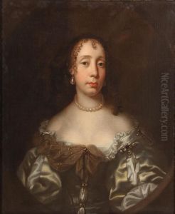 Portrait Of Catherine Braganza Wearing A Satin Dress, Pearl Necklace And Earrings