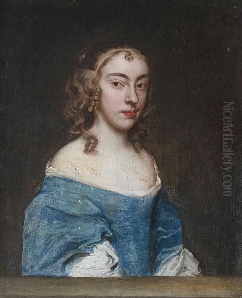 Portrait Of A Lady, Half-length, In A Blue Dress And A White Chemise, Seated Behind A Stone Ledge - view 1