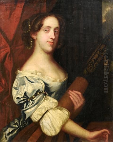 Portrait Of A Lady, Half-length, In A Blue Silk Dress And A White Chemise, Holding A Lute - view 1