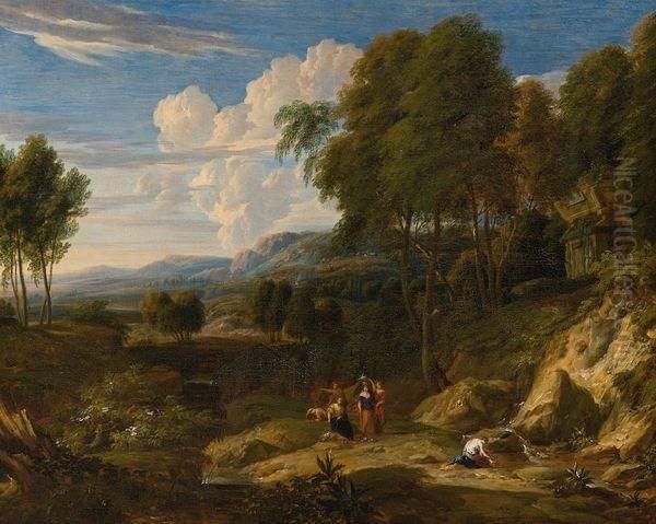 Paysage Italianisant Avec Personnages Pres D'une Source Et Un Monument Antique - view 1