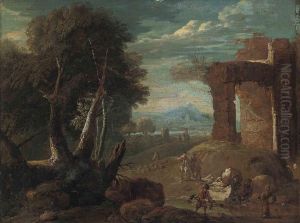A Capriccio With Classical Ruins And Figures On A Track, A Lake And Mountains Beyond by Jan Baptist Huysmans