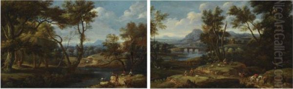 A Wooded River Landscape With Shepherds And Their Flock Resting In The Foreground, A Bridge Beyond - view 1