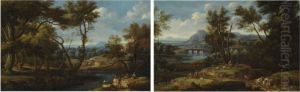 A Wooded River Landscape With Shepherds And Their Flock Resting In The Foreground, A Bridge Beyond by Jan Baptist Huysmans
