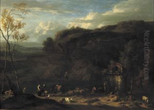 An Italianate Landscape With Peasants And Animals Near A Classicalfountain by Jan Baptist Huysmans