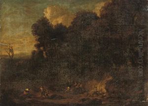 A Rocky Wooded Landscape With Travellers At Rest by Jan Baptist Huysmans