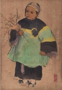 Girl Holding Pink Flowers by Helen Hyde