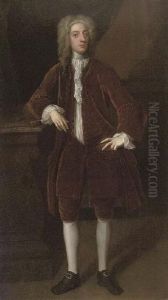 Portrait Of A Gentleman, Full-length, In A Brown Velvet Suit, His Right Arm Resting On A Plinth, A Column Beyond thumbnail
