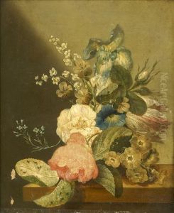 Iris, Convolvulus And Other Flowers On A Stone Ledge by Jan Van Hysum