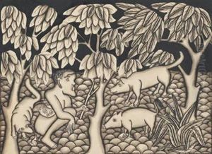Man Defecating, Dog Smelling And Two Pigs Looking On by I Gasek