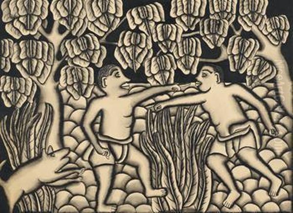Two Men Pointing At Each Other, A Pig Leaps From The Left - view 1