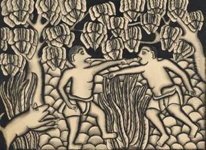 Two Men Pointing At Each Other, A Pig Leaps From The Left by I Gasek
