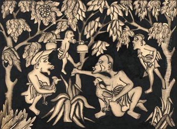 Men With Fighting Cocks In Wooded Landscape, One With Baskets On Shoulder Pole - view 1