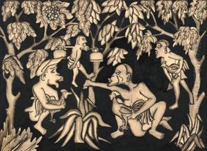 Men With Fighting Cocks In Wooded Landscape, One With Baskets On Shoulder Pole by I Gasek