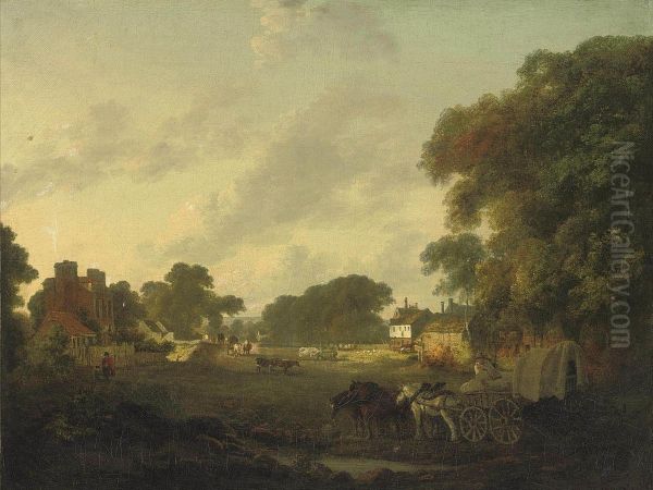 A Rural Landscape With Villagers In Horse-drawn Carts And Farm Animals - view 1