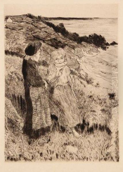 Deux Fillettes Sur Une Falaise Bretonne - view 1