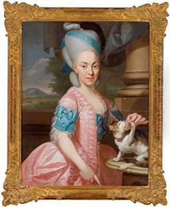 Ritratto Di Dama In Abito Color Rosa Con Nastri Azzurri Che Nutre Un Gattino