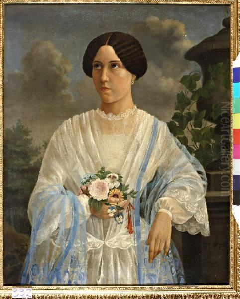 Portret Van Een Dame Met Bloemen In De Hand - view 1