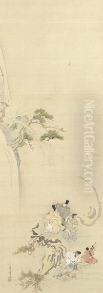 Courtiers Admiring A Waterfall, From Tsurezuregusa (essays Inidleness) - view 1