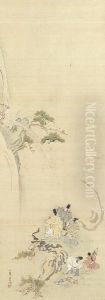 Courtiers Admiring A Waterfall, From by Ukita Ikkei