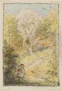 A Spring Landscape With Figures Before A Blossom Tree