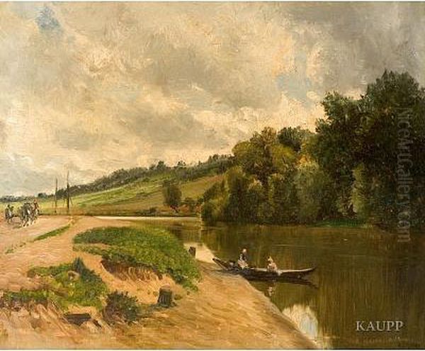 Sommerliche Flusslandschaft Mit Bauerlicher Figurenstaffagein Einem Nachen Und Auf Einem Weg Am Ufer - view 1