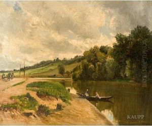 Sommerliche Flusslandschaft Mit Bauerlicher Figurenstaffagein Einem Nachen Und Auf Einem Weg Am Ufer by Edouard Auguste Imer