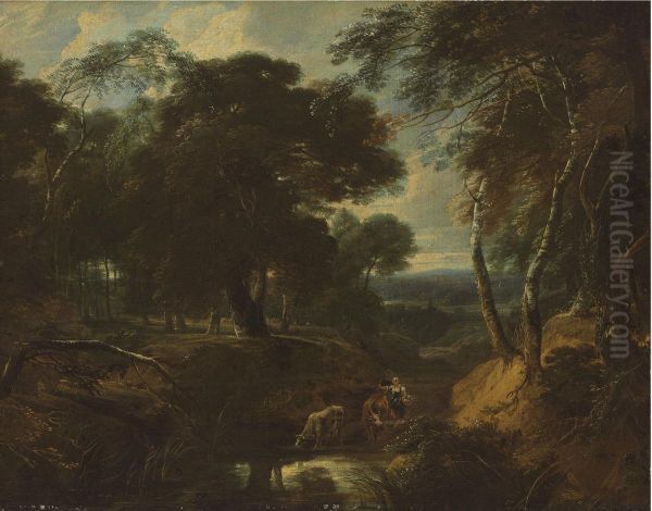 A Wooded Landscape With A Herder By A Stream - view 1