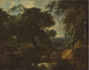 A Wooded Landscape With A Herder By A Stream by Philip Augustijn Immenraet