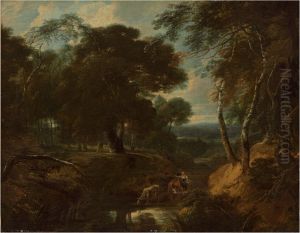 A Wooded Landscape With A Herder By A Stream