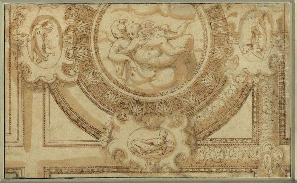 Design For A Ceiling Decoration With Venus And Cupid Embracing - view 1