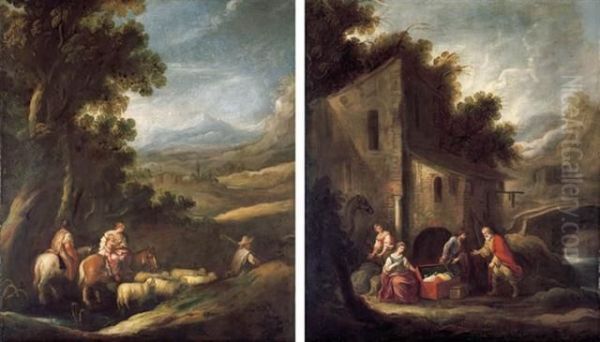 Jacob And His Household Journeying To Meet Esau; And Laban Searching For The Images Of Jacob As Secreted By Rachel - view 1