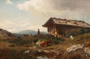 Gebirgslandschaft Mit Bauerin Und Weidevieh Vor Einer Scheune by Carl Irmer