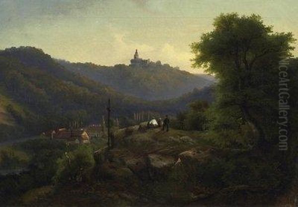 Schloss Burg By The Wupper. View From The Hillside Onto The Castle In The Evening Sun. Signed And Dated Bottom Right: C. Irmer 54 - view 1
