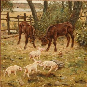 Calves And Pigletsenjoying The Danish Summer by Valdemar Irminger