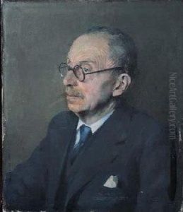 A Portrait Of A Gentleman Wearing Round Tortoiseshell Spectaclesand A Grey Three-piece Suit