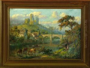 Richmond Castle With Figures Walking A Dog On A Path In The Foreground by William Irving