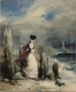 A Young Woman Standing On A Rocky Coastline Staring Out To Sea by Eugene Isabey