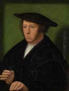 Portrait Of A Gentleman, Half-length, In A Fur-lined Black Mantleand Hat, A Flower In His Right Hand by Adriaen Isenbrandt (Ysenbrandt)