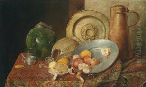 Obststillleben Mit Korbflascheund Orientalischen Tafelgeschirr by Daniel Israel