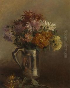 Still Life With Chrysanthemums In Silver Jug