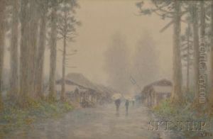 Figures Holding Umbrellas While Walking In The Woods by Yasuhiko Ito