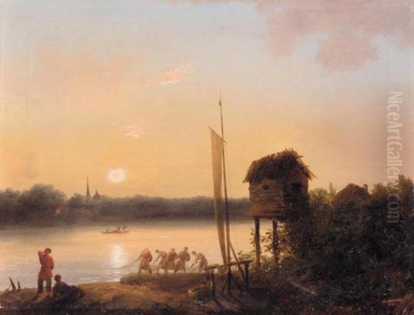 Evening Riverscape With Fishermen - view 1