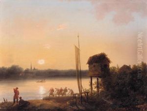 Evening Riverscape With Fishermen by Ivan Alekseevich Ivanov