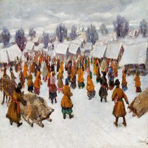 Streetlife Outside A Snow-covered Village In Russia by Sergei Ivanov